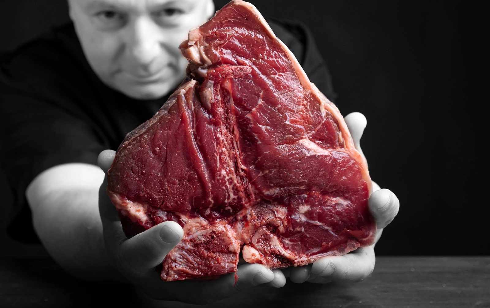 Raw Fiorentina in the chef's hands