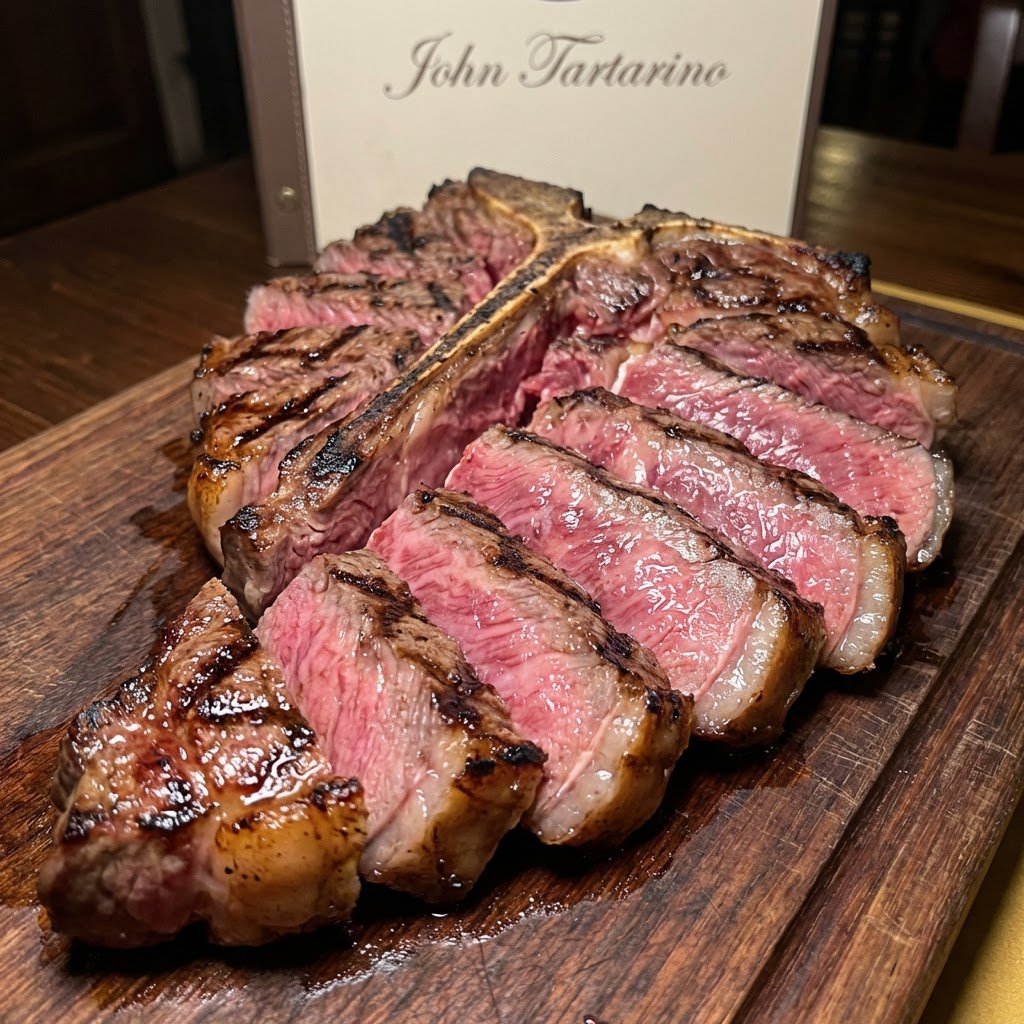 Sliced bone-in ribeye on a wooden board — off-menu cut at John Bistecchino Follonica